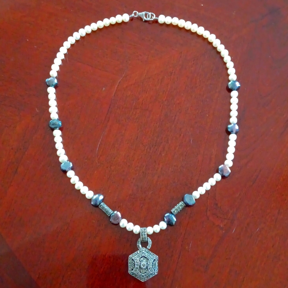 Sterling silver necklace with real freshwater  pearls & marcasite stones…